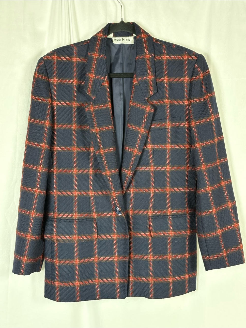 Anne Klein Navy Plaid Blazer with Rust Windowpane - Picture 2 of 8